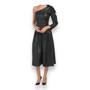 Tanya Taylor NWT $695 Black Gigi Faux Leather‎ One Shoulder Bow Dress Size 14